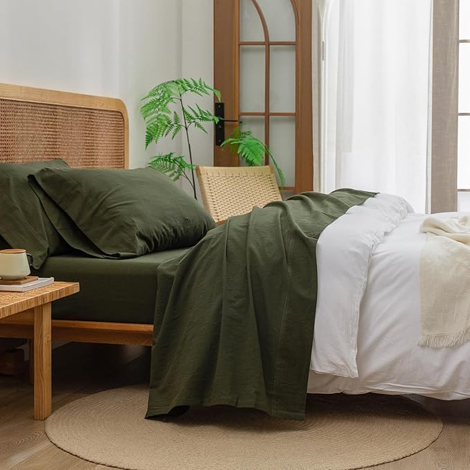 BESTOUCH Sheet Set 100% Washed Cotton Linen Feel Super Soft Comfortable Chic Lightweight 3 Pcs Home Bedding Set Solid Olive Green Twin