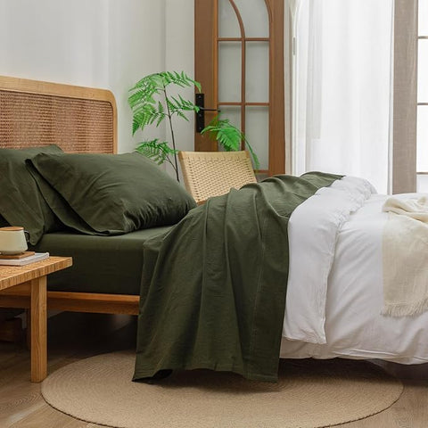 BESTOUCH Sheet Set 100% Washed Cotton Linen Feel Super Soft Comfortable Chic Lightweight 3 Pcs Home Bedding Set Solid Olive Green Twin