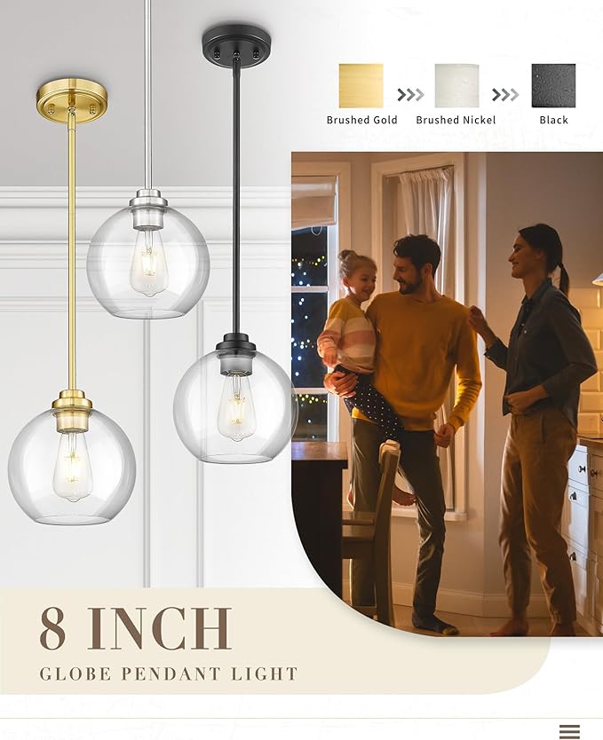 8 inch Modern Gold Pendant Light Fixtures, Mid Century Globe Pendant Lights with Clear Glass, 1 Light Hanging Lights for Kitchen Island, Bathroom, Dining Room (1 Pack), PL101BG-L