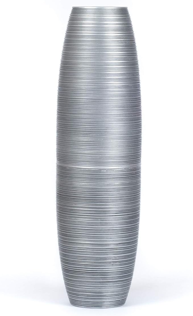 Leewadee Large Silver Home Decor Floor Vase – Wooden 34 inches Tall Farmhouse Decor Flower Holder for Fake Plant and Pampas Grass
