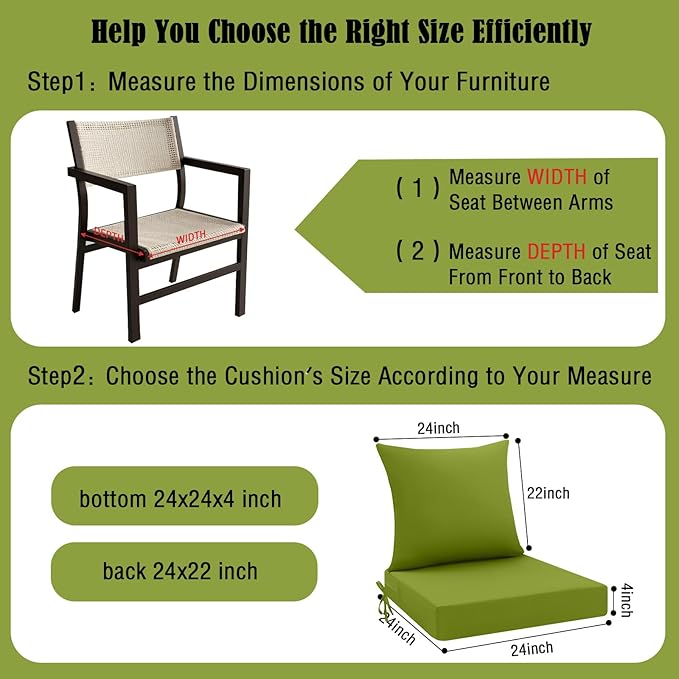 idee-home Outdoor Cushions for Patio Furniture, Outdoor Seat Cushion, Waterproof Hampton Bay Deep Seat Replacement Couch Chair Cushions for Garden Lawn Backyard Deck, 24 x 24 Green