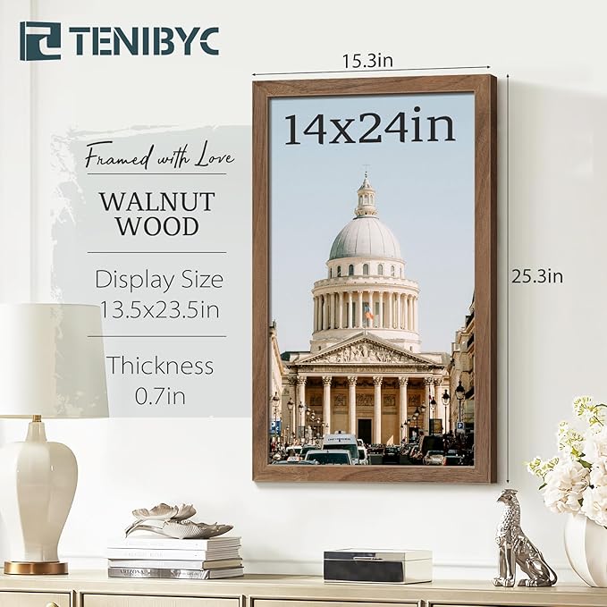 14x24 Picture Frame 3 Pack - Brown Walnut, Natural Solid Wood Poster Frame, Wall Gallery Frame