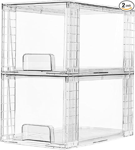 Vtopmart 2 Pack Large Stackable Storage Drawers,Clear Acrylic Drawer Organizers with Handles, Easily Assemble for Bathroom,Kitchen Undersink,Cabinet,Closet,Makeup,Pantry organization and Storage