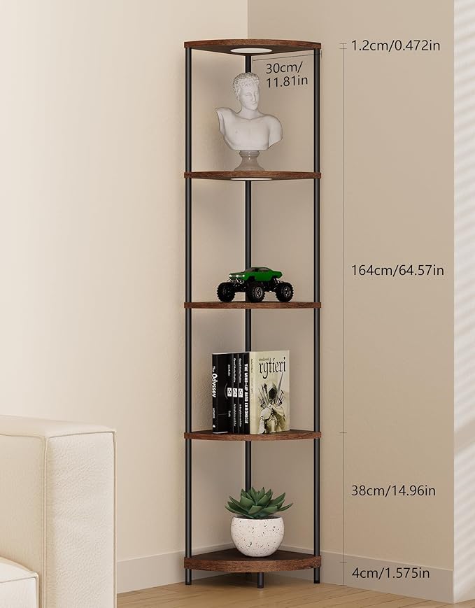 Corner Shelf with RGBCW LED Light, 64.5” Tall Floor Lamp Narrow Bookshelf Organizer, Standing Shelves with Metal Pole, Display Storage Rack for Wall Corner, Living Room, Bedroom, Office Décor, Brown