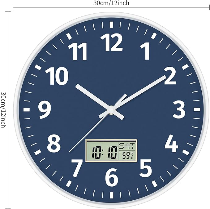 Foxtop Digital Wall Clock with Time, Day of Week and Temperature, Silent Non-Ticking Battery Operated Round Digital and Analog Wall Clock for Classroom Office Bedroom Home School (12 Inch, Blue)