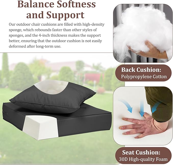 Outdoor Deep Seat Cushions for Patio Furniture Set of 2, Waterproof Outdoor Chair Cushions 22 x 22 x 4'' Patio Furniture Cushion with Fade Resistant Removable Cover, Handle & Straps, Dark Gray