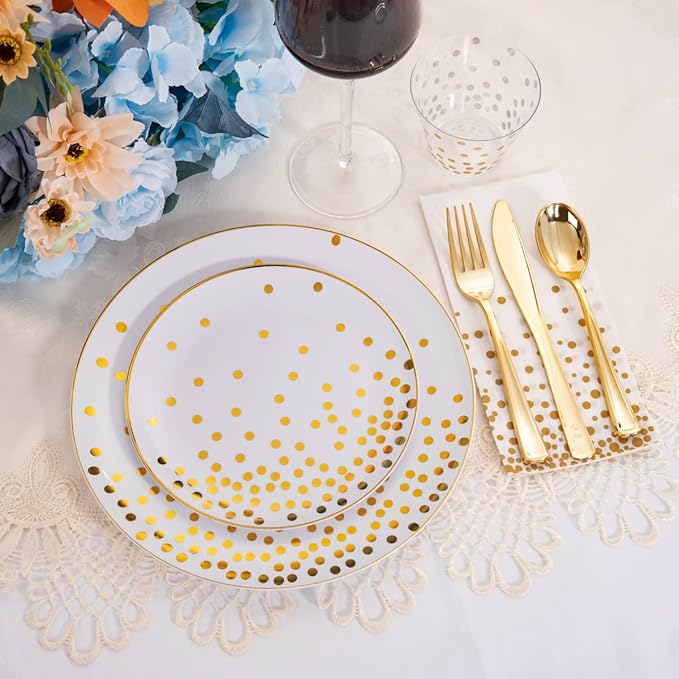U-QE 350PCS White and Gold Plastic Dinnerware Set - Graduation Plates and Napkins 2025 - Graduation Party Supplies Include Gold Dot Plastic Plates, cutlery, Napkins, Cups