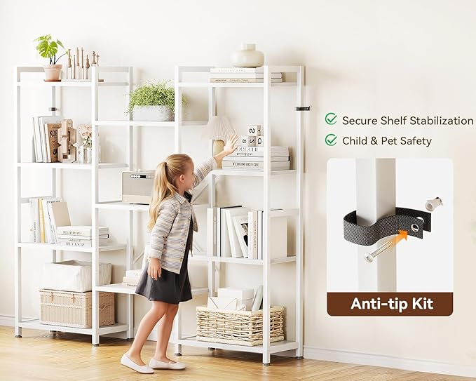 Casaottima Triple 4 Tier Bookshelf, Large Bookcase with 11 Open Display Shelves, Modern Industrial Book Shelves Book Case for Bedroom, Wide Standing Shelving Unit for Living Room Home Office, White