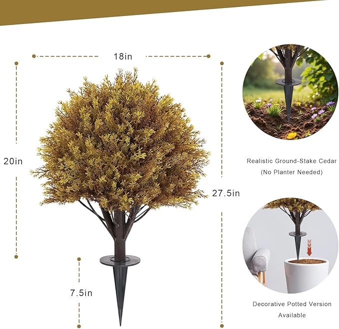 27" Fall Cedar Topiary Trees Artificial Outdoor, Set of 2 Faux Bushes and Shrubs with Ground Spike, UV Resistant Realistic Large Fake Ball Plants for Front Porch Outside Planters Backyard Decor