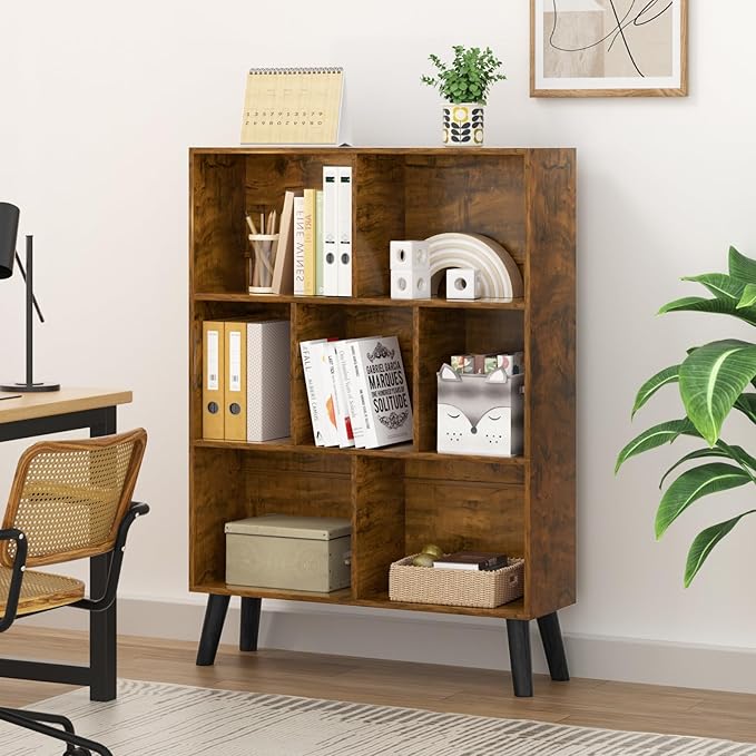 LEYAOYAO 7 Cube Bookshelf, 3 Tier Modern Bookcase with Legs, Mid-Century Modern Wood Book Shelves Storage, Rustic Brown Book Case, Freestanding Organizer Display Shelf for Bedroom,Living Room,Office