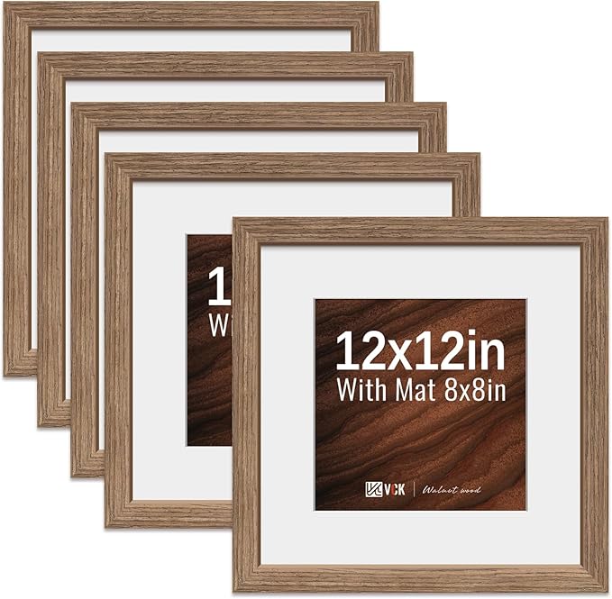 VCK 12x12 Picture Frame 5 Pack - Walnut, High-End Wood Poster Frames with Tempered Glass, Display 8x8 Photo with Mat or 12x12 without Mat, Art Gallery-Quality, Wall Hanging, Walnut