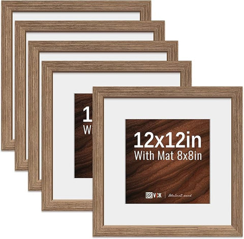 VCK 12x12 Picture Frame 5 Pack - Walnut, High-End Wood Poster Frames with Tempered Glass, Display 8x8 Photo with Mat or 12x12 without Mat, Art Gallery-Quality, Wall Hanging, Walnut