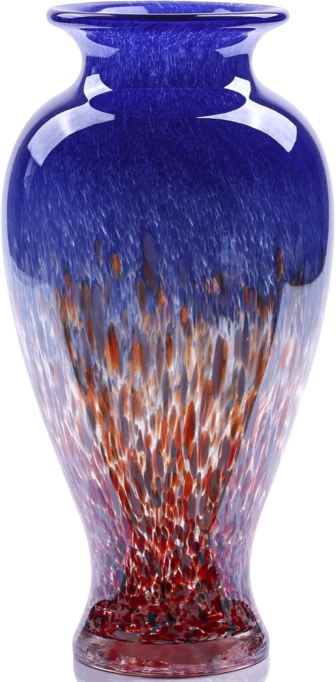 11.8" Tall Blown Blue Glass Vase, Colorful Opaque Glass Vase, Unique Design Wide Mouth Art Decoration for Home, Living Room, Dining Table, Pampas Grass Decor (Blue)
