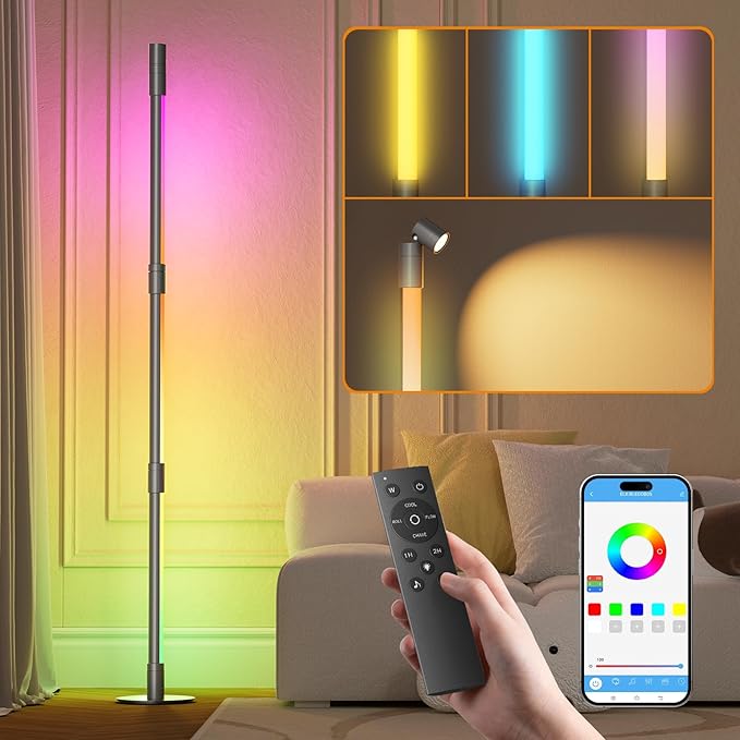 Nisocy RGBWIC LED Corner Floor Lamp – Smart Ambient Light with Bluetooth App & Remote Control, Music Sync, Color Changing, Mood Lighting for Bedroom, Living Room, Gaming Setup, Home Decor
