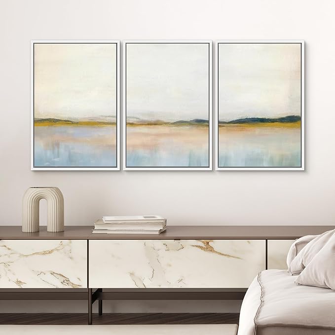 SIGNWIN Framed Canvas Print Wall Art Set Grunge Watercolor Pastel Lake Landscape Nature Abstract Illustrations Fine Art Decorative Nordic Rustic for Living Room, Bedroom, Office - 24"x36"x3 White