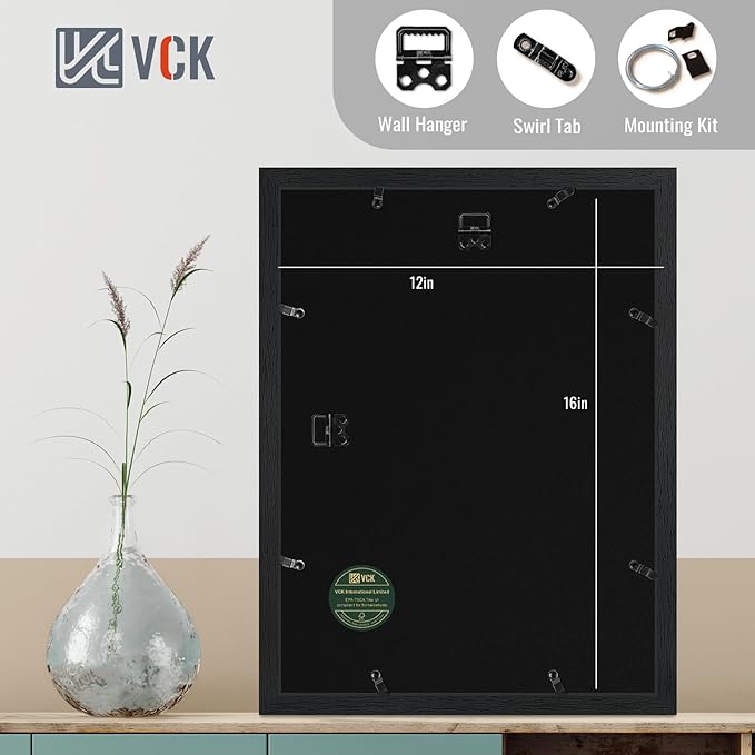 VCK 12×16 Picture Frame Black Set of 2 for Display Picture 8x12 with Mat or 12×16 without Mat Poster Frame Made of MDF Wood and Tempered Glass Black