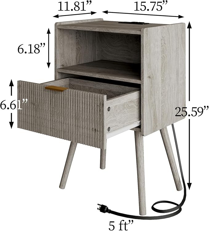 Nightstand,Modern Bedside Table with Storage Drawer and Open Wood Shelf, Accent Night Stand with Solid Wood Legs for Living Room, Bedroom and Small Spaces,Easy Assembly (Grey Oak-Outlet)