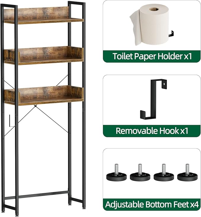 OTK Over-The-Toilet Storage, 3 Tier Bathroom Organizer Shelf, Freestanding Space Saver with Toilet Paper Holder, Multifunctional Over The Toilet Rack, Vintage