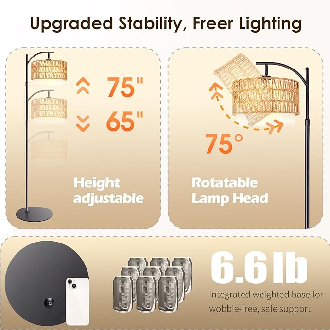 Bohemian Rattan Floor Lamp for Living Room - Black Arc Design, 12W LED (1 in use + 1 Spare), Remote & Dimmable 3 - Color Temp, Tall Standing Lamp
