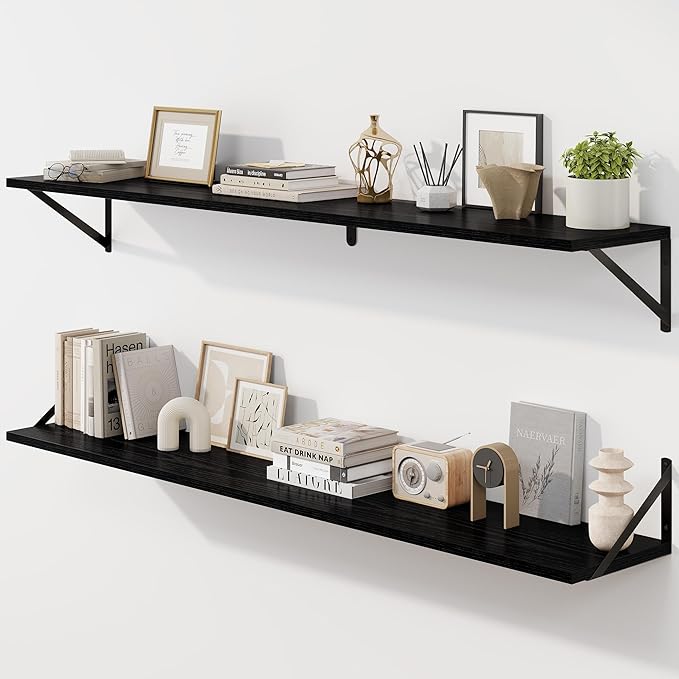 Fun Memories Deep Floating Shelves for Wall, 55W x 8D Wall Mounted Shelves Set of 2, Wide Display Ledge Shelf with Sturdy Metal Brackets for Living Room, Bathroom, Bedroom and Kitchen, Black
