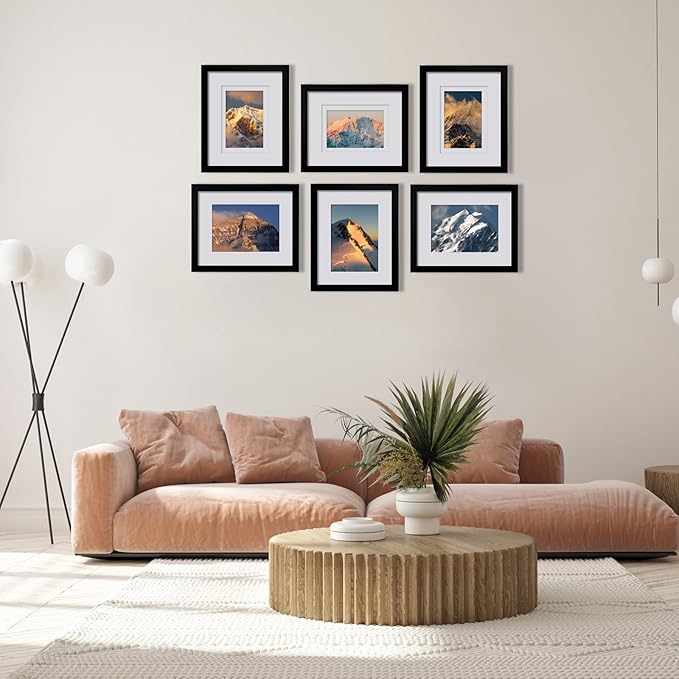 Egofine 8x10 Picture Frames Set of 6, Made of Solid Wood Covered by Plexiglass Display 4x6 and 5x7 with Mat or 8x10' without Mat, for Table Top Display and Wall Mounting Photo Frame Black