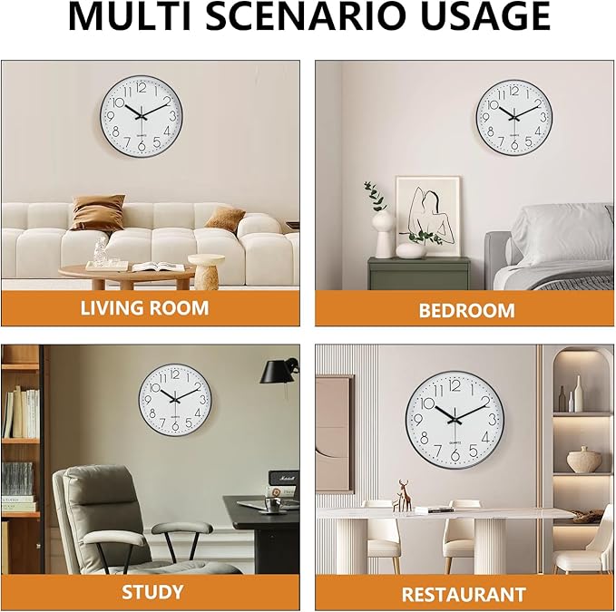 Modern Silent Wall Clock - 12 Inch Wall Clocks Battery Operated Large Number, Non-Ticking Analog Clock with Tempered Glass Quartz Clocks for Living Room Bedroom Office Kitchen, White Black