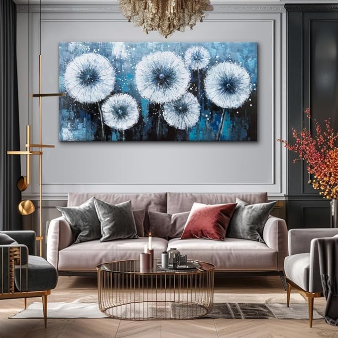 Modern Dandelion Wall Art for Living Room Office Navy Blue White Floral Canvas Painting Prints Flower Artwork Kitchen Bedroom Decor (20x40 Inches)