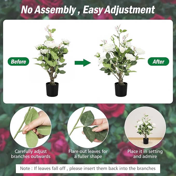 2Pack Artificial Rose Flower Trees, 24Inch White Faux Rose Tree with Green Leaves for Living Room Office Home Outdoor Indoor Decor,2FT White