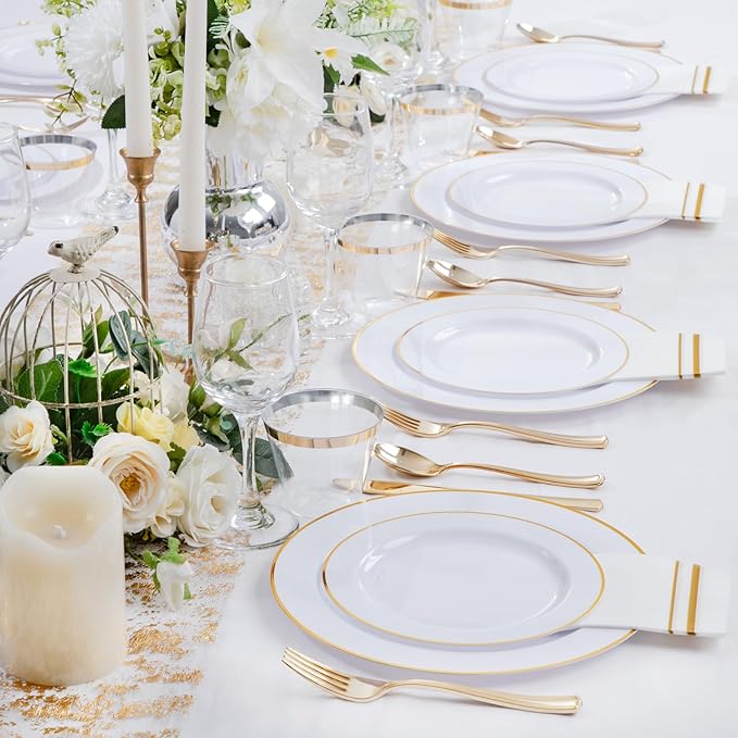 SUT 175 PCS Plastic Plates,Plates Disposable Heavy Duty for 25 Guests, Disposable Plates for Party, Plastic Disponsable plates including Party plates and Cups and Napkins Sets