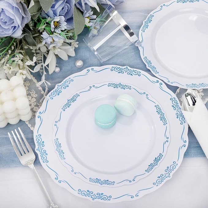 DaYammi 350Pcs Blue and White Plastic Plates Disposable Blue Plates for Party Include 50 Dinner plate,50 Dessert plate- 50 Per Rolled Napkins with Silver Cutlery- 50 Disposable Cups 9 OZ for Wedding