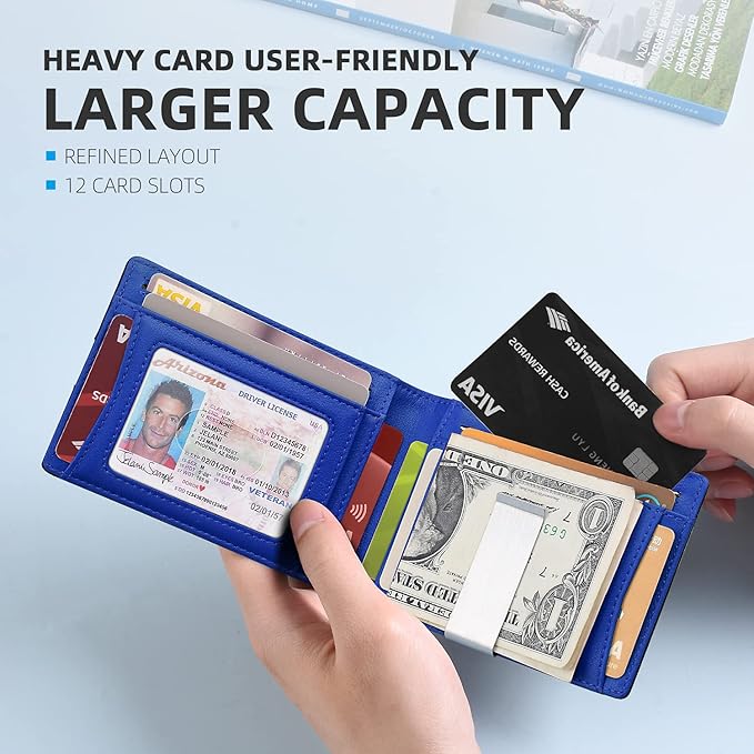 Zitahli Slim Wallet for Men Gifts 12 Card Slots ID Window With Money Clip Minimalist RFID Front Pocket Bifold Leather Small Thin Gift Box Dad Birthday Christmas Regalos Hombres