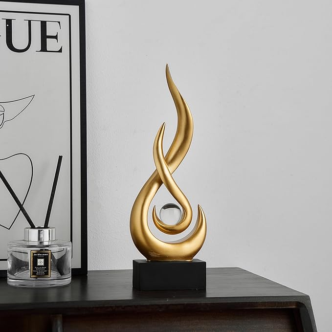 FJS Gold Decor Modern Flame Statue Home Decorations for Living Room, 11.8" H Shelf Decor Accents, Abstract Art Resin Sculpture for Dining Room Office Coffee Table Centerpiece