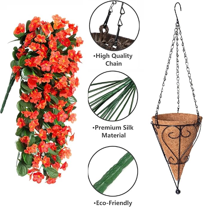 Artificial Fake Fall Hanging Flowers Plants Baskets for Outdoor Outside, Faux Silk Autumn Orange Orchid Trailing Vines in Planter Realistic UV Resistant for Balcony Porch Decor