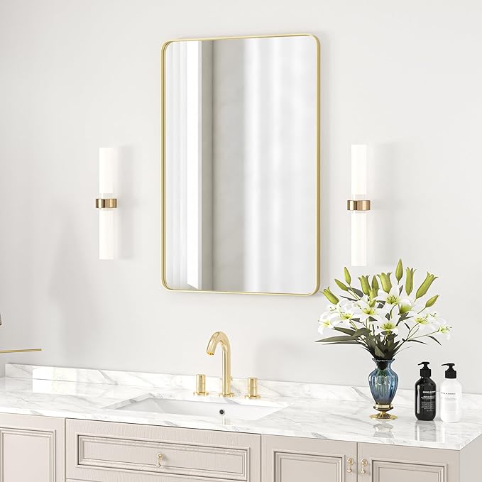 Bathroom Mirror 24x36 inch, Rustproof Aluminum Metal Framed Mirror for Wall, Matte Gold Bathroom Vanity Mirror, Shatterppoof Mirror, Living Room, Hanging or Leaning Horizontal or Vertical