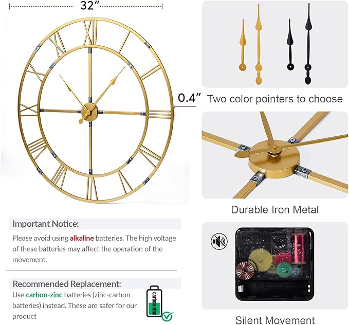 Large Wall Clock for Living Room Decor – 32 Inch Silent Non-Ticking Modern Farmhouse Wall Clock, Oversized Decorative Metal Roman Numeral Clock, Gold