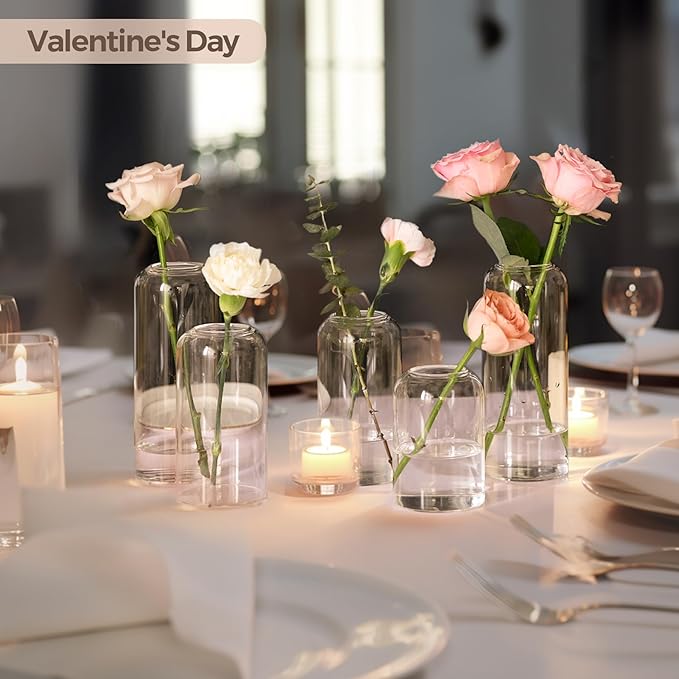 ComSaf Small Flower Vase Set of 6, Glass Bud Vases in Bulk, Clear Vases for Flower, Decor Centerpiece for Office, Decorative Vases for Modern Style, Valentines' Day, Mother's Day, Thanksgiving Day