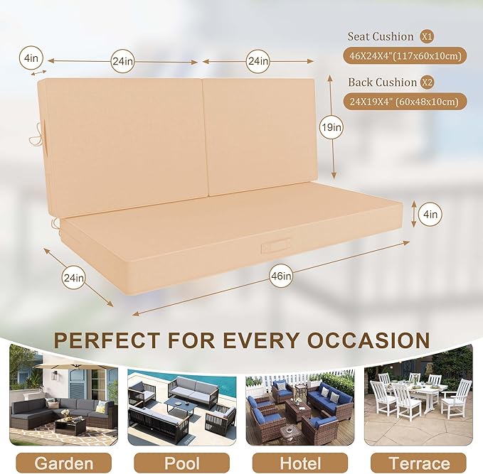 Outdoor Loveseat Cushion Set 46 x 26 Inch, Waterproof & Fade-Resistant Deep Seat Patio Cushions with Removable Cover, Ties & Hidden Zipper, Patio Love Seat Sofa Cushions for Sofa Bench Couch,Beige