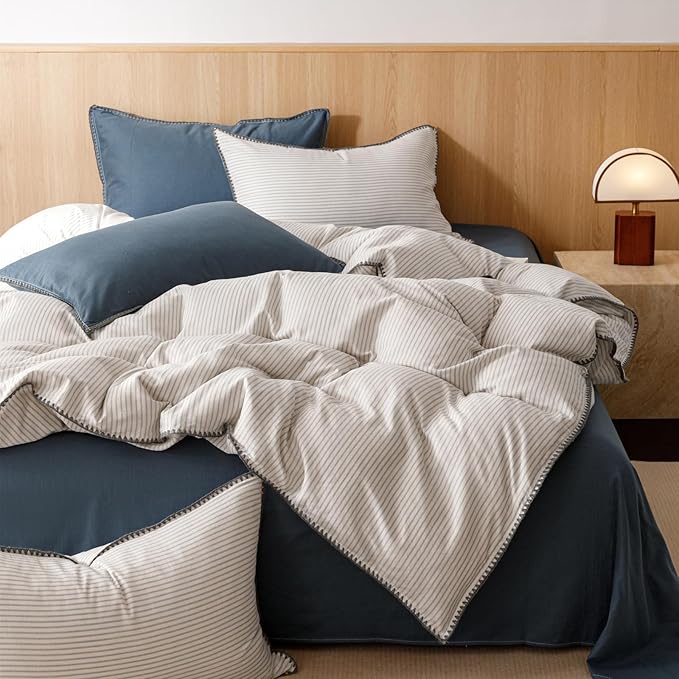 VM VOUGEMARKET Beige Grey Duvet Cover Set with Blue Stripes 3pcs Yarn Dyed Muslin Cotton Vertical Striped Ticking Pattern Bedding Set Without Comforter - Queen Size