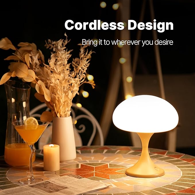 Mushroom Lamp, 5W LED Cordless Rechargeable Table Lamp with Glass Shade, Small Retro Dimmable Touch Light with 3 Color Temps, Aesthetic Mid Century Bedside Light for Bedroom Ambient, Mustard