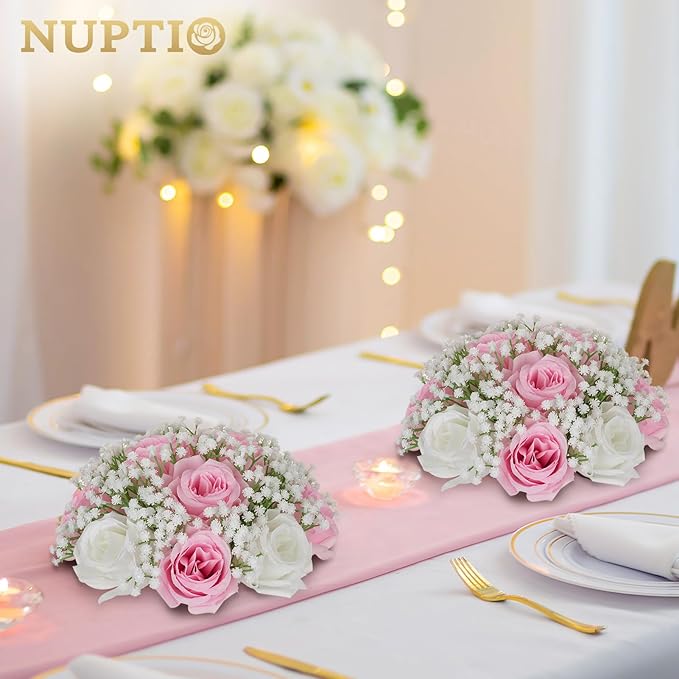 NUPTIO Pink Rose Flowers for Centerpieces: 10 Pcs 8.6 inch Diameter Artificial Flower Balls Fake Flower Ball Arrangement Bouquet Wedding Centerpieces for Tables Decorations