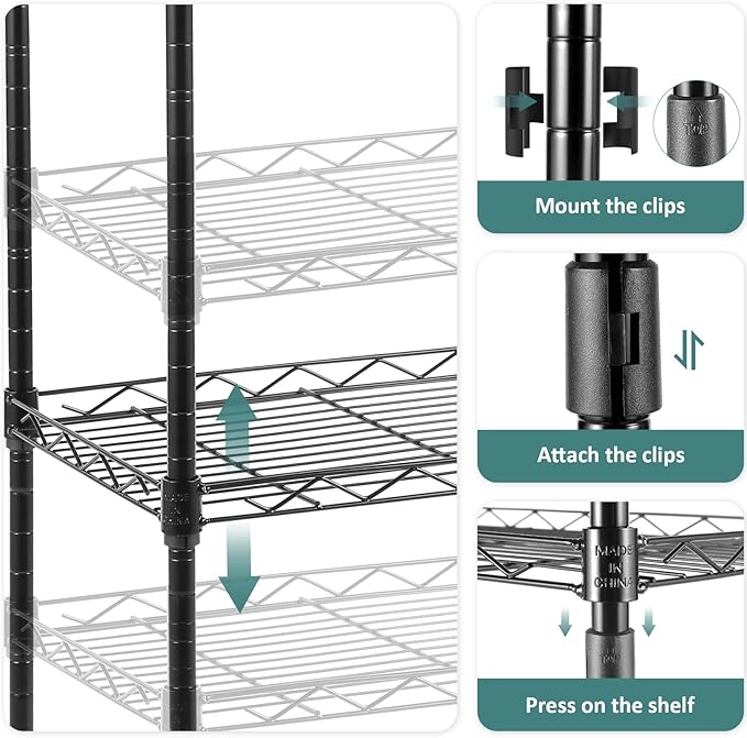 Homdox 6-Tier Storage Shelf Wire Shelving Unit Free Standing Rack Organization Adjustable Leveling Feet, Stainless Side Hooks, Black