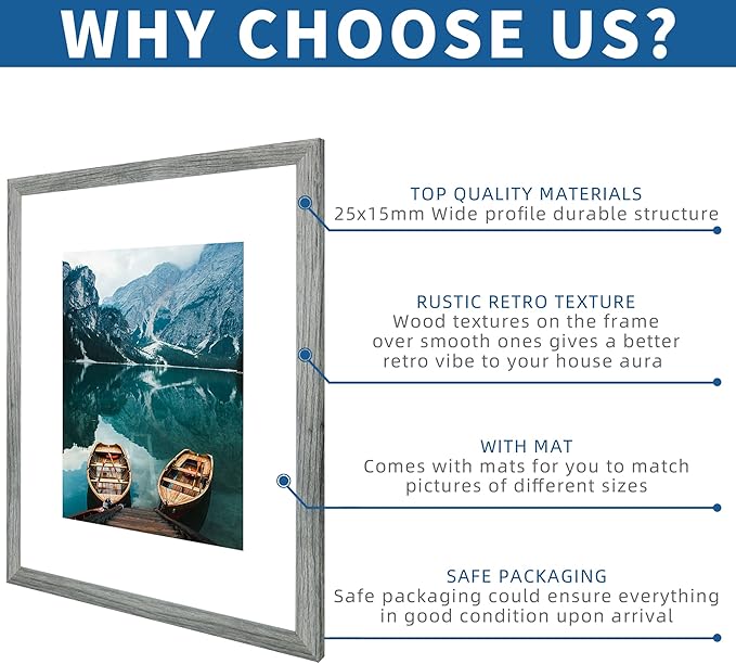 16x20 Frames Set of 2, Rustic Grey Wood Style - Display 16 x 20 Picture without Mat or 11x14 Picture with Mat, Wall Mounting Horizontal and Vertical