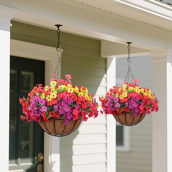 2 Pack Outdoor Artificial Flowers with Hanging Basket, Outdoor Fake Hanging Flowers for Spring Summer Front Porch Patio Yard Garden Home Decor (Red, Purple, Yellow, Hot Pink)