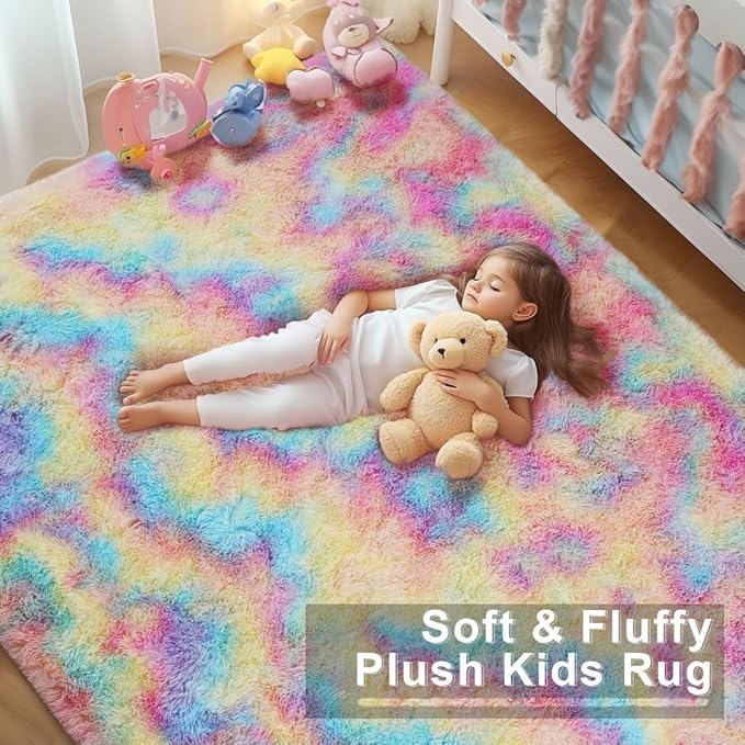 Rainbow Area Rugs for Girls Bedroom, 6x9 Fluffy Fuzzy Shaggy Carpet for Kids Playroom Nursery Living Room, Thick Soft Plush Mat for Kids Baby Boys Teen Dorm Home Decor Aesthetic