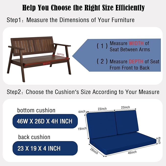 idee-home Outdoor Loveseat Cushions, Waterproof Patio Loveseat Cushion, Outside Couch Hampton Bay Deep Seat Cushion Replacement Set, Patio Love Seat Sofa Cushions for Furniture, 46" x 26" Navy Blue