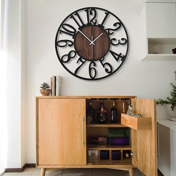 LEIKE Large LED Wall Clocks,Silent,Non Ticking,Battery Operated Rustic Round Modern Big Wood Wall Clock for Living Room, Bedroom,Kitchen,Farmhouse,Office,Home Decor -20" Black,LED,Arabic Number
