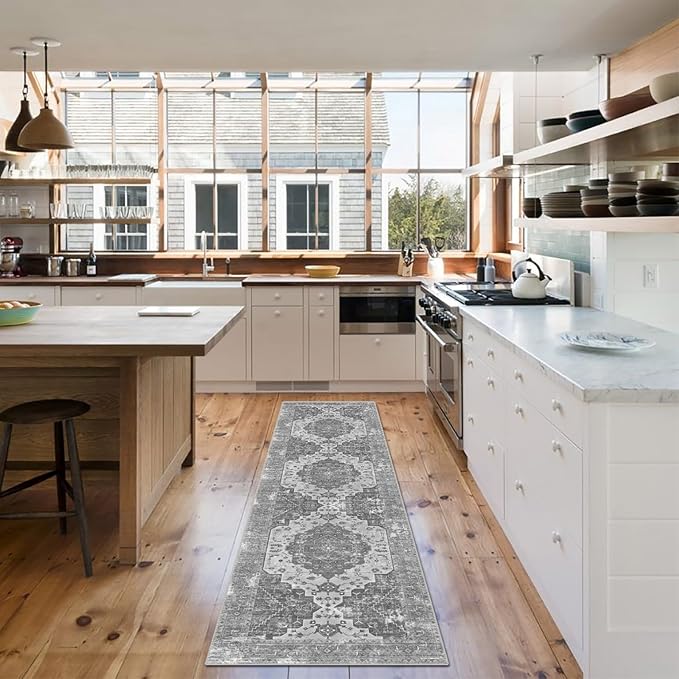 vivorug Runner Rug 2'x8' Vintage Washable Non-Slip Runners for Hallways Kitchen Entryway Laundry Room Carpet Hallway Runner Grey Floral