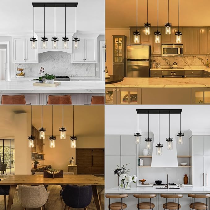 Pendant Lighting for Kitchen Island, Dining Room Light Fixture Black, 5-Light Hanging Linear Chandeliers with Clear Glass Shade Farmhouse Chandeliers for Dining Room(E26 Bulb Base)