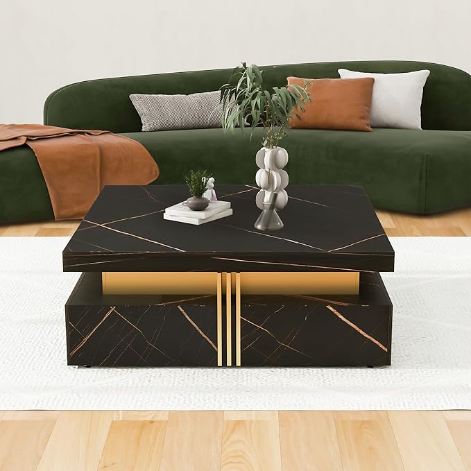 Merax Coffee Table, Modern Square Coffee Table with 4 Drawers, Contemporary Luxury Center Table Cocktail Table with Gold Accents for Living Room, 43.3" Lx 43.3" W (Black)