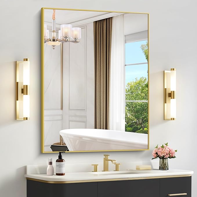 36x48inch Bathroom Mirror, Gold Rectangle Mirror with Thin Metal Frame, Large Rectangular Wall Mirror for Bathroom, Living Room, Hair Salon, Big Farmhouse Mirror Hang Horizontal/Vertical